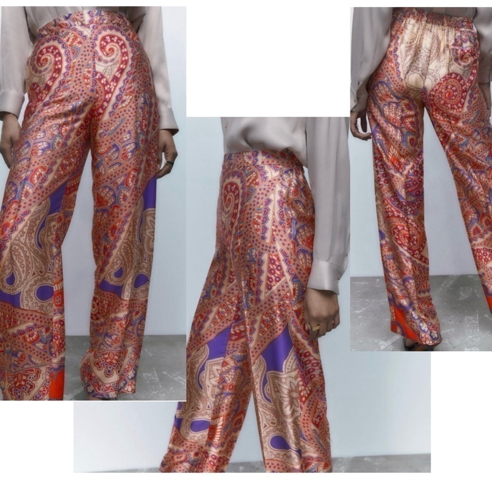 Zara satin effect paisley print red cream purple pyjama pants Sz XS NWT